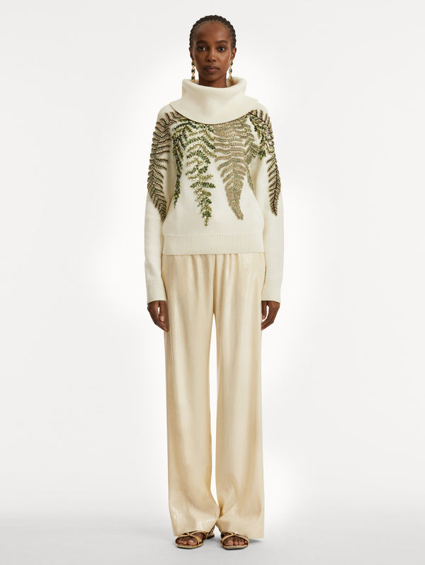 Oscar De La Renta Fern Crystal Embroidered Turtleneck
