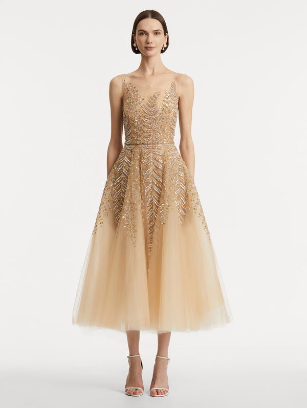 Oscar De La Renta Fern Embroidered Illusion Cocktail Dress