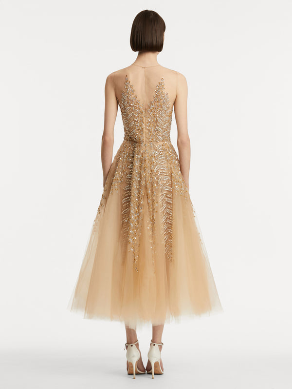 Oscar De La Renta Fern Embroidered Illusion Cocktail Dress