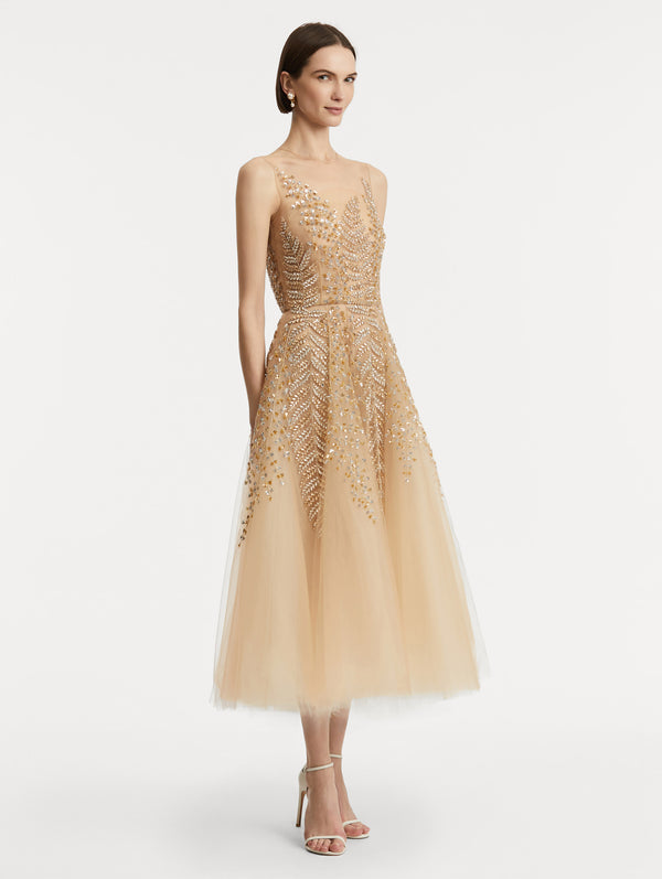 Oscar De La Renta Fern Embroidered Illusion Cocktail Dress