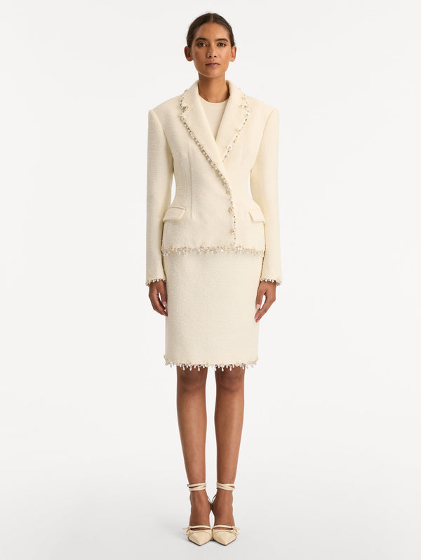 Oscar De La Renta Floral Jeweled Fringe Tweed Jacket