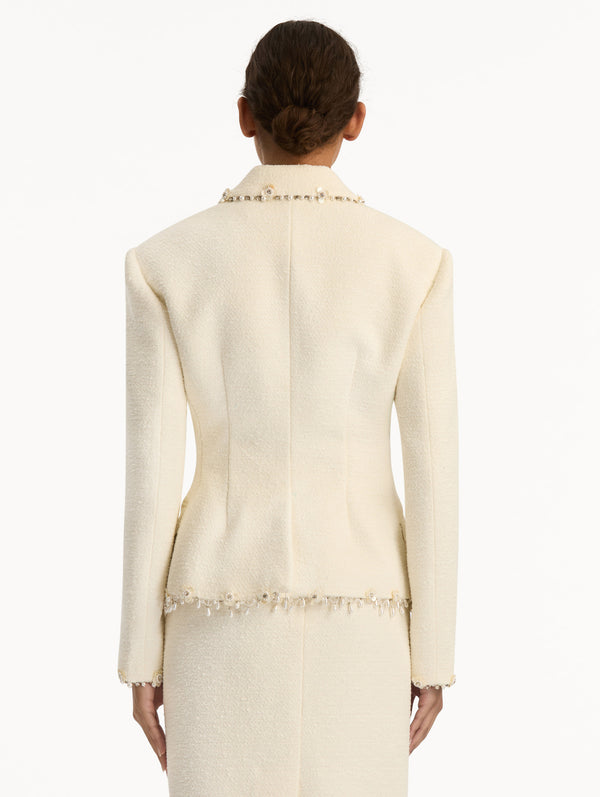 Oscar De La Renta Floral Jeweled Fringe Tweed Jacket