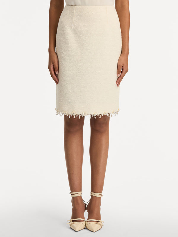 Oscar De La Renta Floral Jeweled Fringe Tweed Skirt