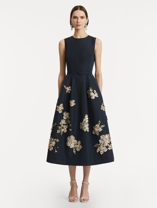 Oscar De La Renta Floral Sequin Embroidered Faille Dress