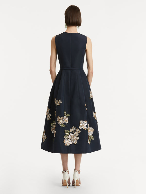 Oscar De La Renta Floral Sequin Embroidered Faille Dress