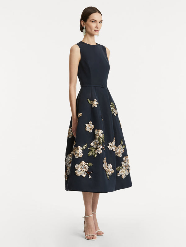 Oscar De La Renta Floral Sequin Embroidered Faille Dress