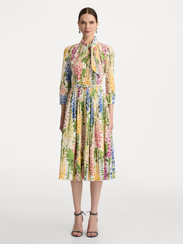 Oscar De La Renta Foxglove Cotton Poplin Tie-Neck Dress