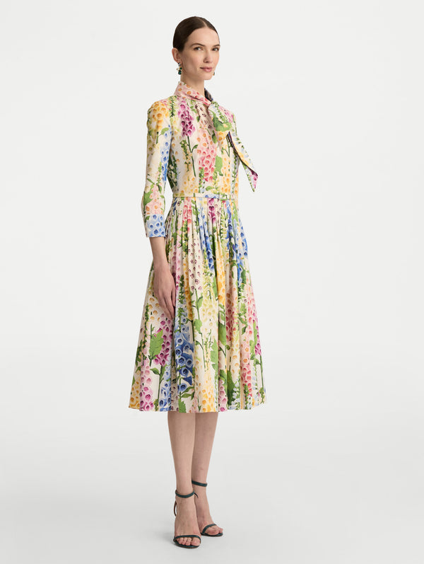 Oscar De La Renta Foxglove Cotton Poplin Tie-Neck Dress