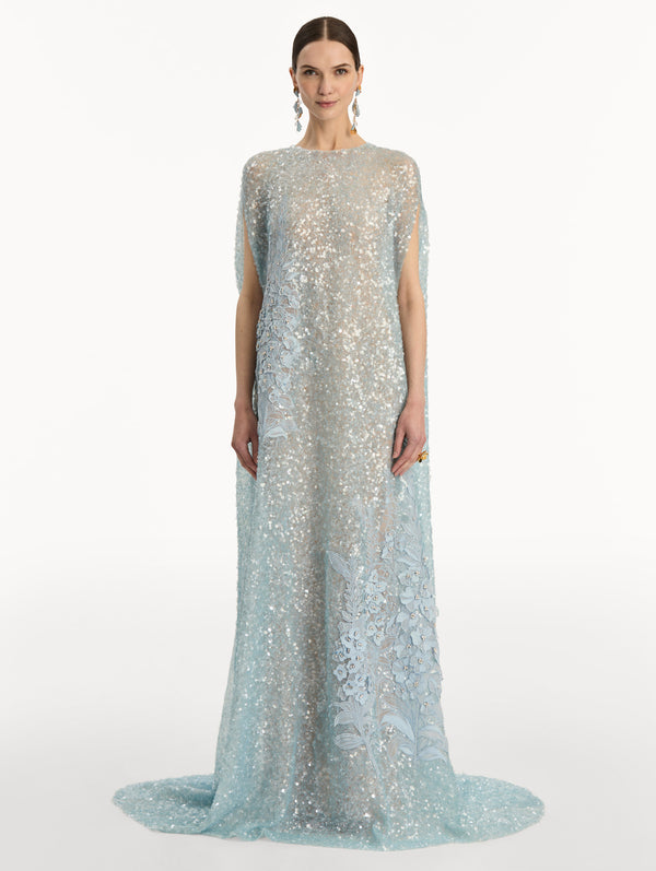 Oscar De La Renta Foxglove Embroidered Sequin Tulle Caftan