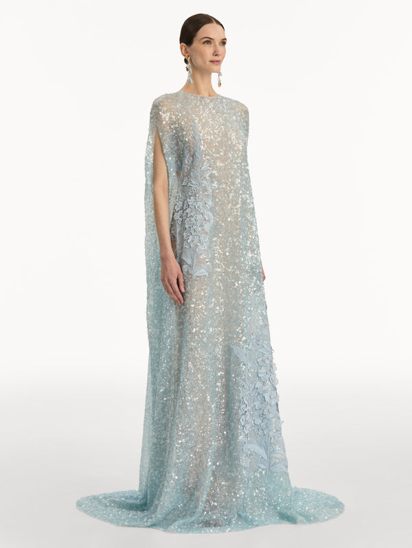 Oscar De La Renta Foxglove Embroidered Sequin Tulle Caftan