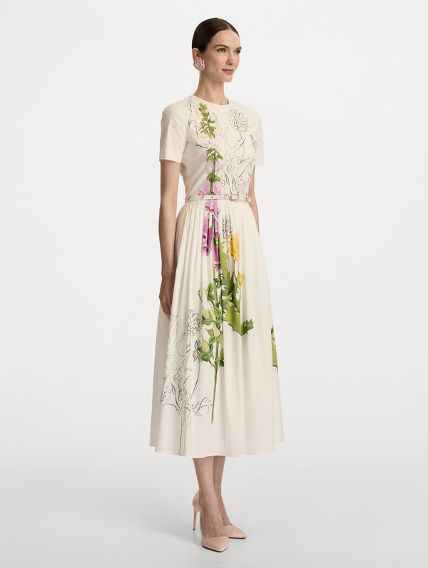 Oscar De La Renta Foxglove Sketch Cotton Poplin Dress