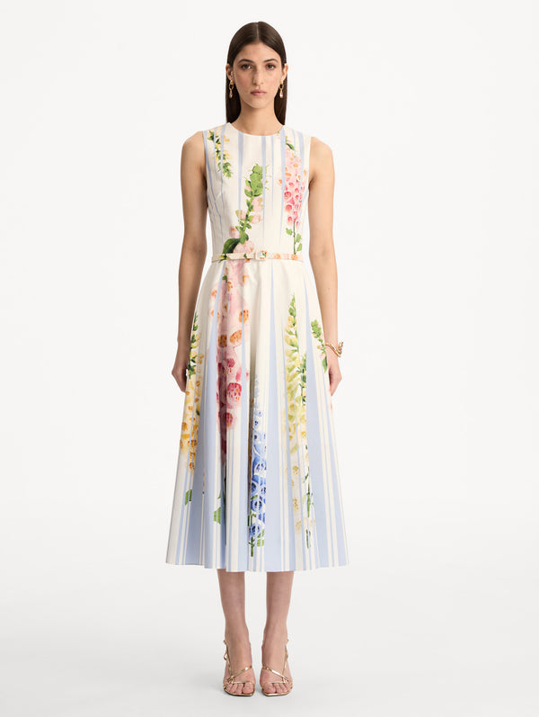 Oscar De La Renta Foxglove Trompe L’oeil Cotton Poplin Dress