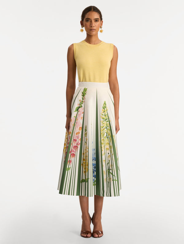 Oscar De La Renta Foxglove Trompe L’oeil Cotton Poplin Skirt