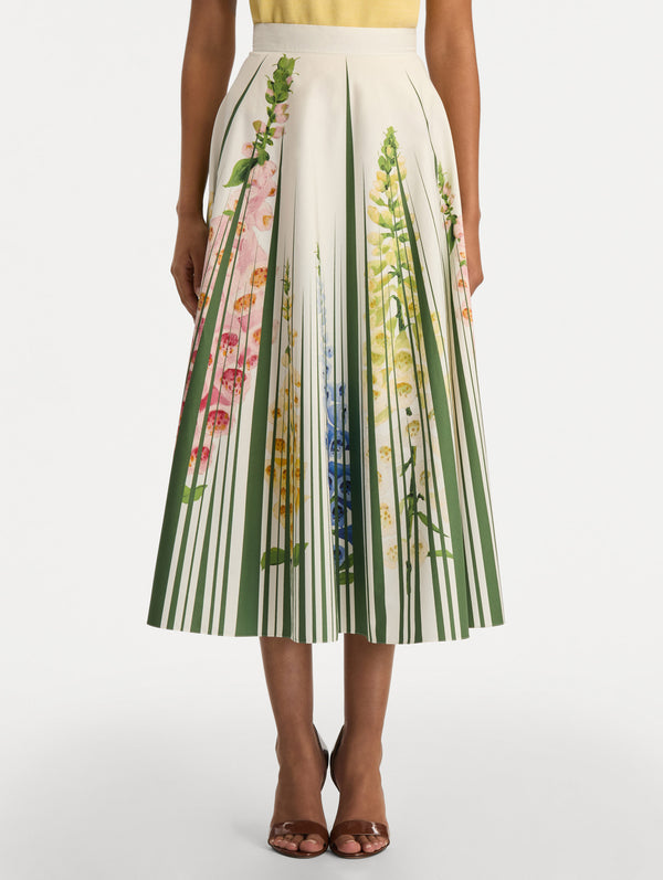 Oscar De La Renta Foxglove Trompe L’oeil Cotton Poplin Skirt