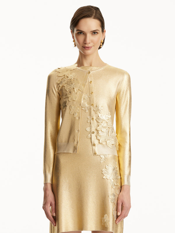 Oscar De La Renta Gold Foil Cherry Blossom Cardigan