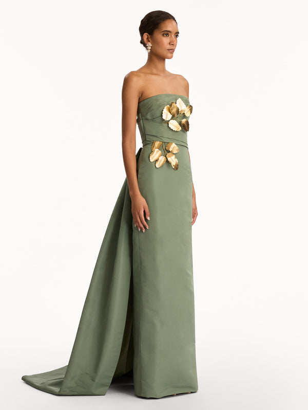 Oscar De La Renta Gold Leaf Embroidered Faille Gown