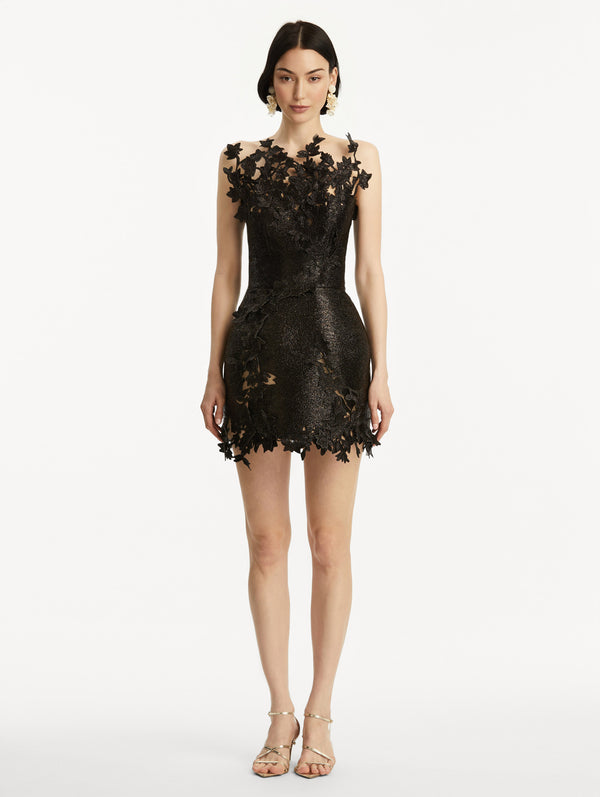 Oscar De La Renta Metallic Cherry Blossom Embroidered Dress