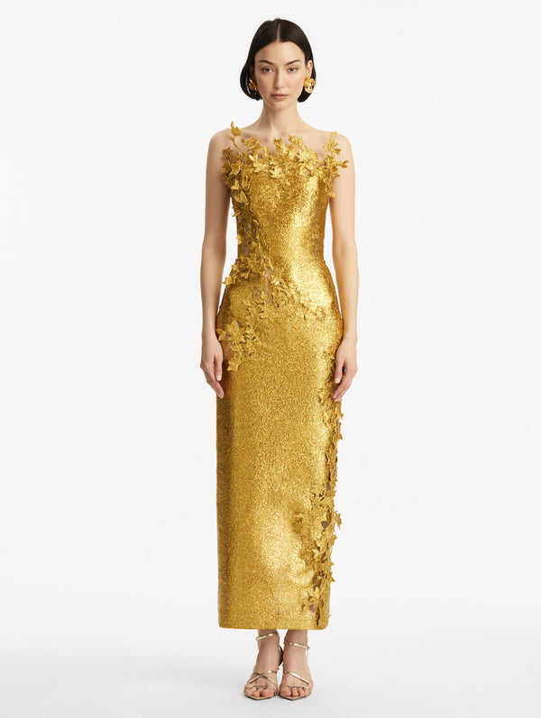 Oscar De La Renta Metallic Cherry Blossom Embroidered Gown