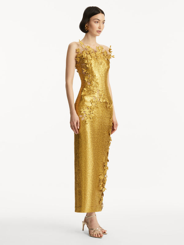 Oscar De La Renta Metallic Cherry Blossom Embroidered Gown