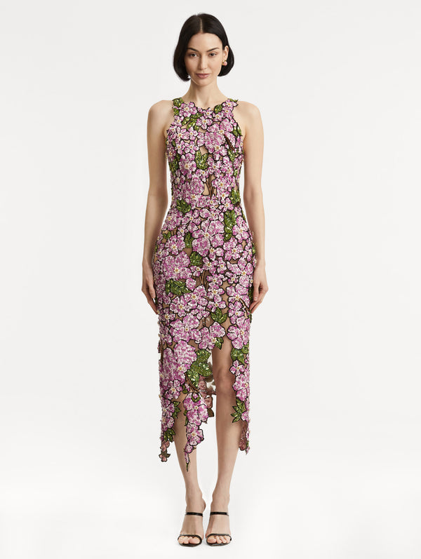 Oscar De La Renta Mosaic Sequin Floral Embroidered Dress