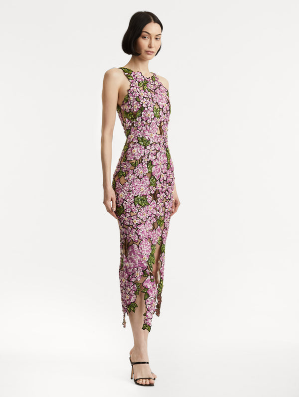 Oscar De La Renta Mosaic Sequin Floral Embroidered Dress