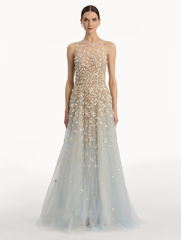 Oscar De La Renta Mother Of Pearl Embroidered Illusion Gown