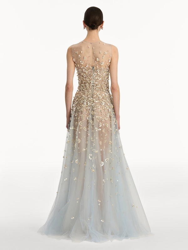 Oscar De La Renta Mother Of Pearl Embroidered Illusion Gown