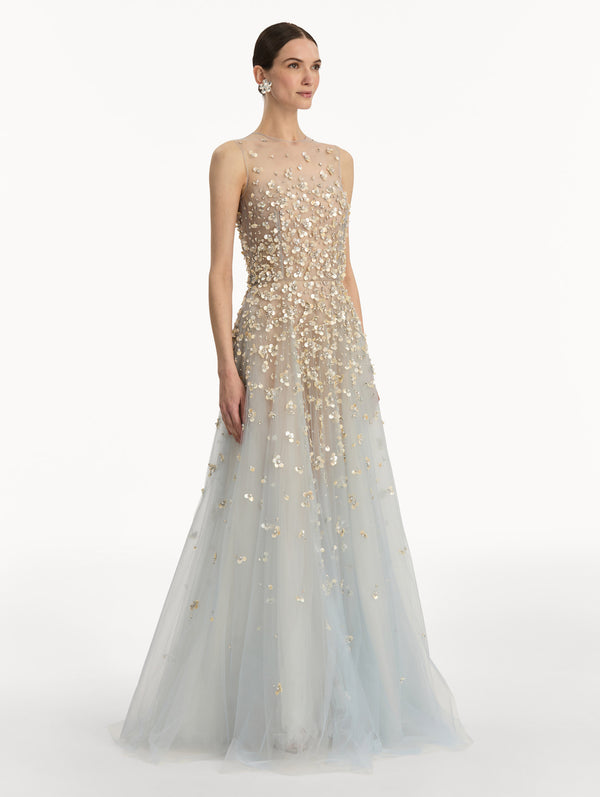 Oscar De La Renta Mother Of Pearl Embroidered Illusion Gown