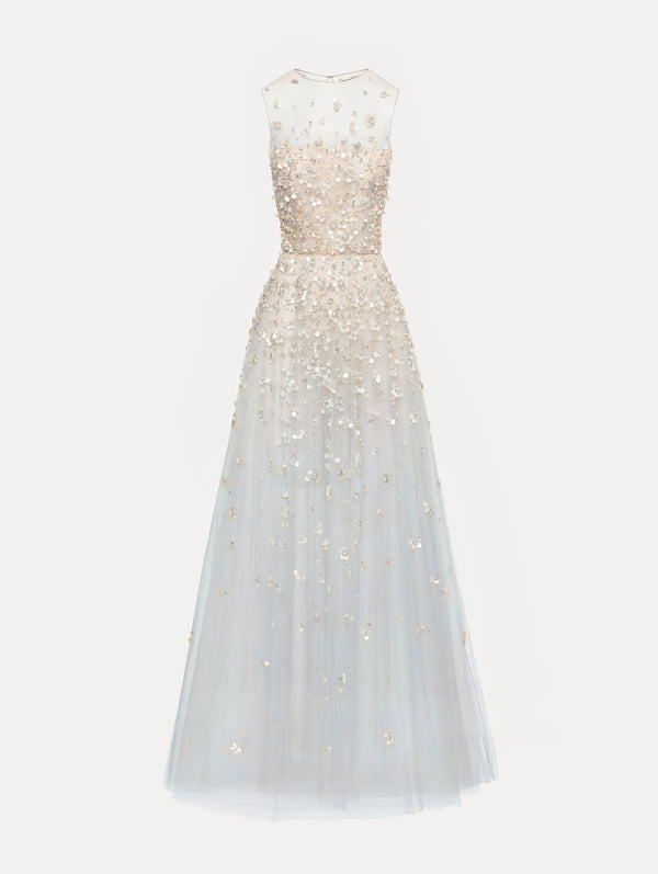 oscar de la renta Mother of Pearl Embroidered Illusion Gown