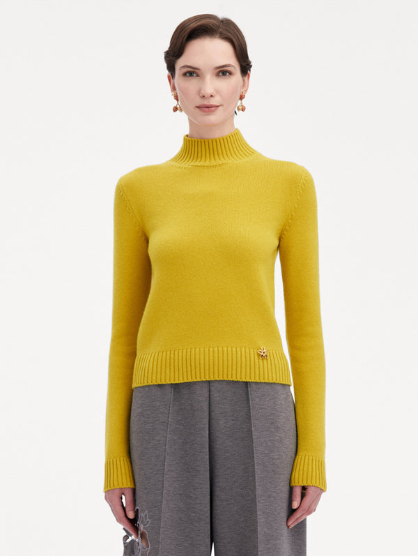 Oscar De La Renta O Flower Mock Neck Cashmere Pullover