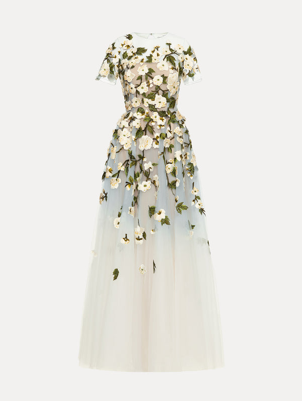oscar de la renta Ombré Cherry Blossom Illusion Tulle Gown