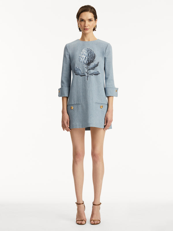 Oscar De La Renta Artichoke Denim Shift Dress