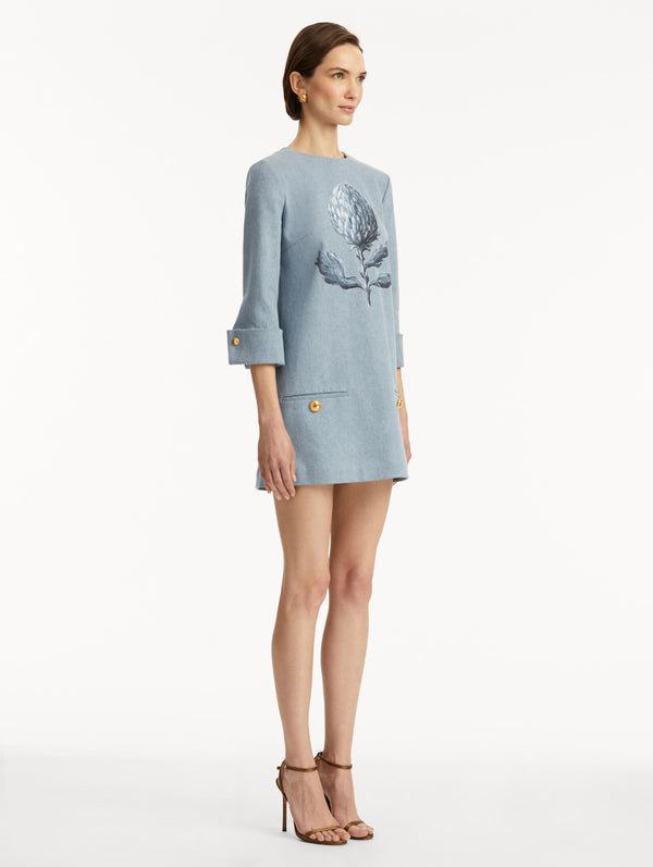 Oscar De La Renta Artichoke Denim Shift Dress