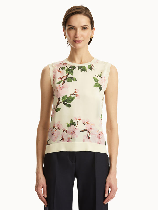 Oscar De La Renta Cherry Blossom Silk Inset Tank