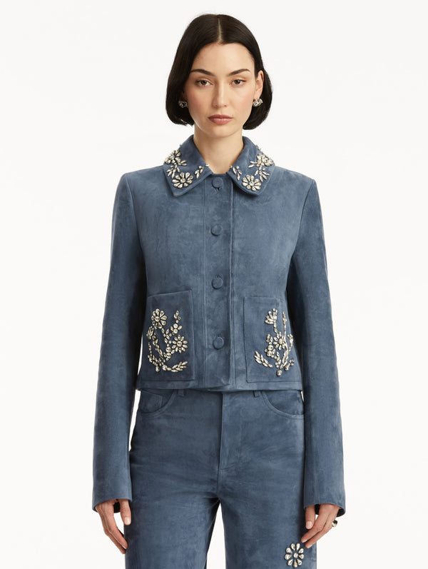 Oscar De La Renta Crystal Embroidered Suede Jacket