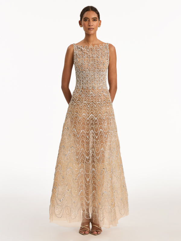 Oscar De La Renta Crystal Wave Embroidered Dress