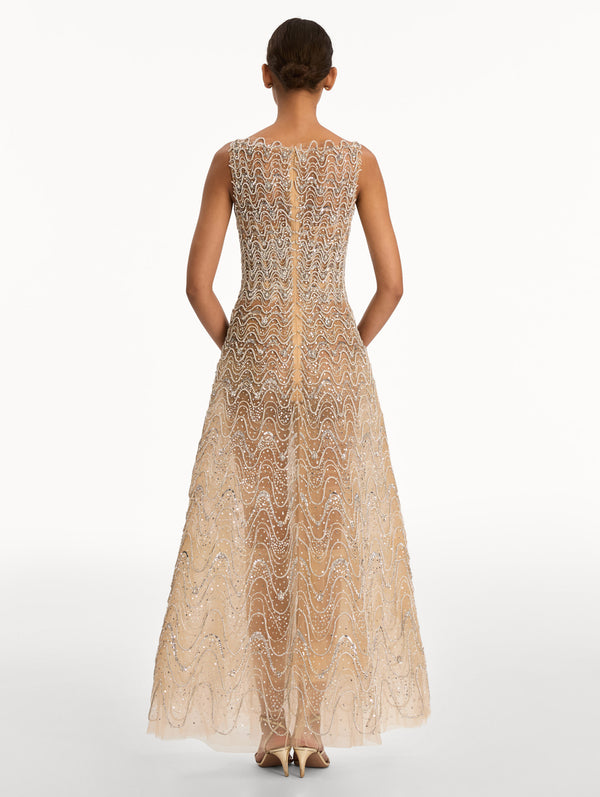 Oscar De La Renta Crystal Wave Embroidered Dress