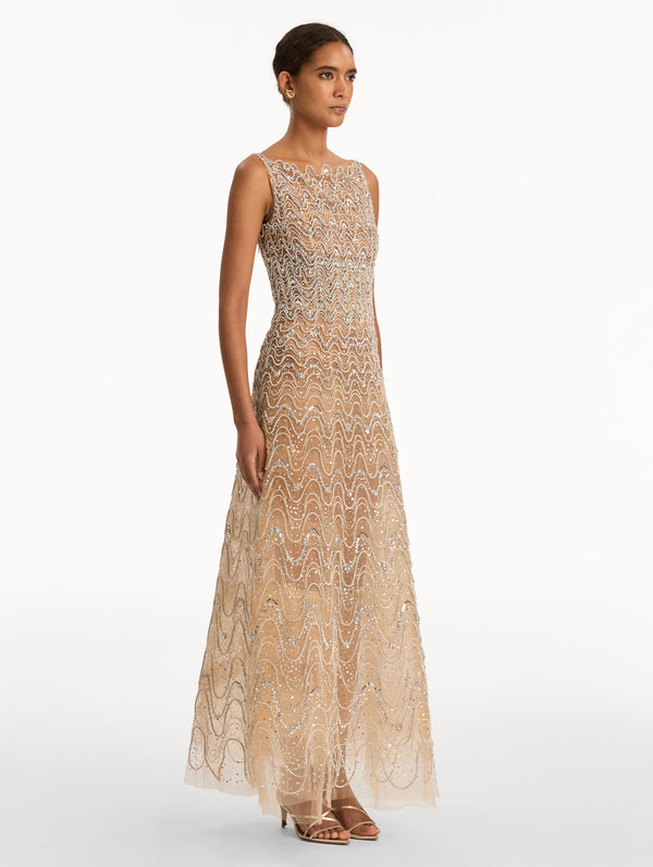 Oscar De La Renta Crystal Wave Embroidered Dress