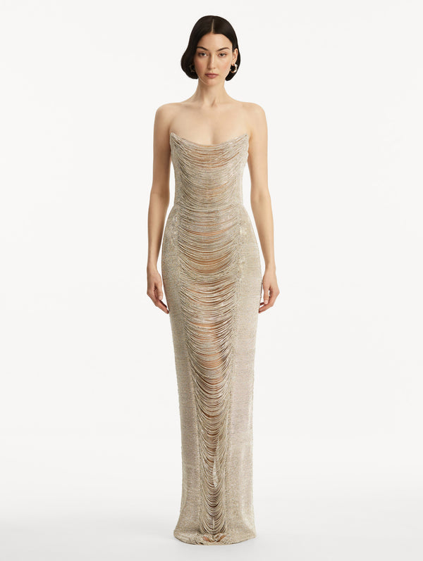 Oscar De La Renta Draped Crystal Chain Gown