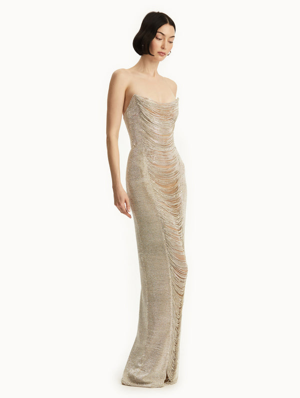 Oscar De La Renta Draped Crystal Chain Gown