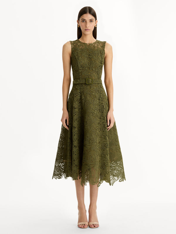 Oscar De La Renta Feather Scroll Guipure Dress
