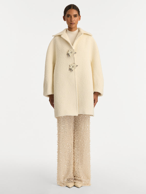 Oscar De La Renta Floral Button Bouclé Tweed Coat
