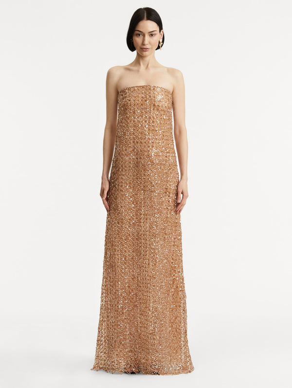 Oscar De La Renta Floral Grid Embroidered Gown