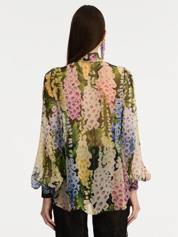 Oscar De La Renta Foxglove Tie-Neck Chiffon Blouse