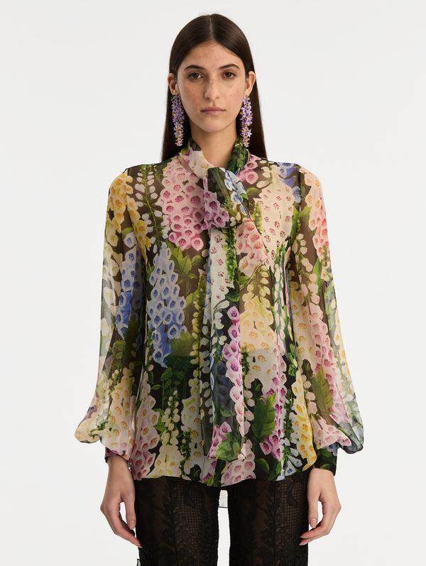 Oscar De La Renta Foxglove Tie-Neck Chiffon Blouse