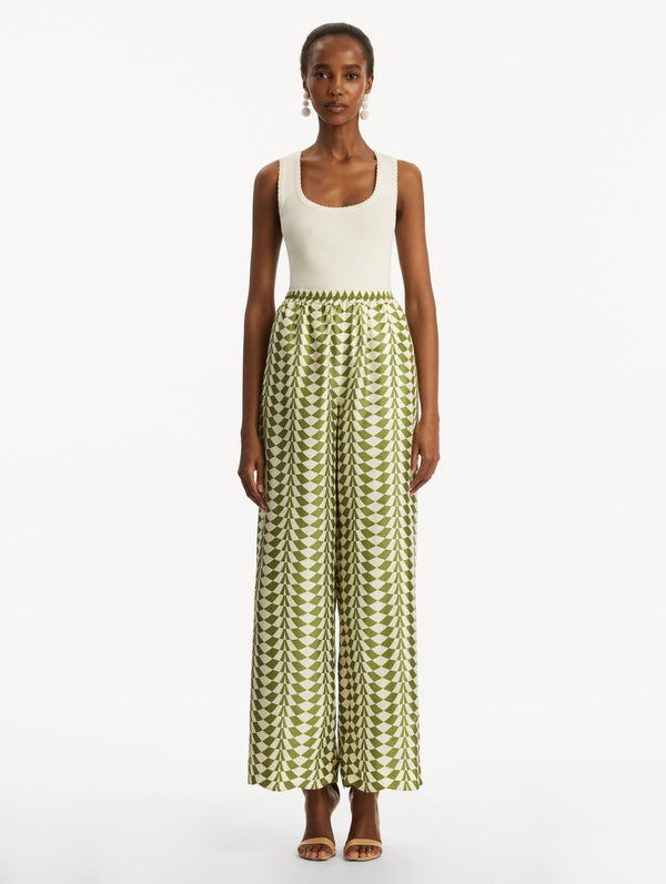 Oscar De La Renta Geo Silk Twill Wide Leg Pant