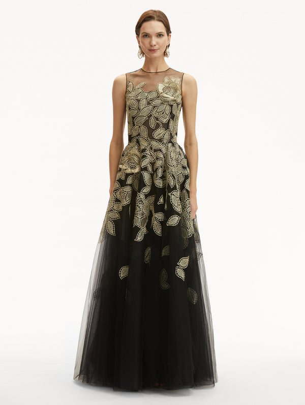 Oscar De La Renta Gold Foil Rose Appliqué Gown