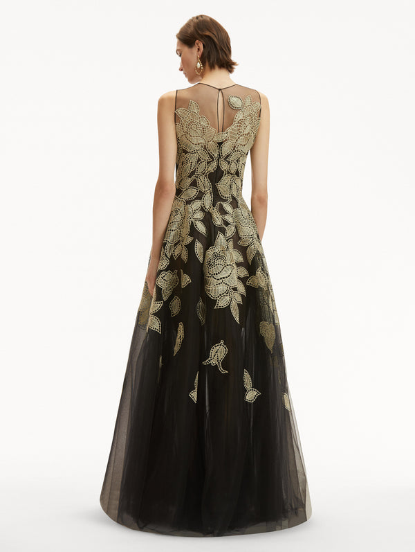 Oscar De La Renta Gold Foil Rose Appliqué Gown