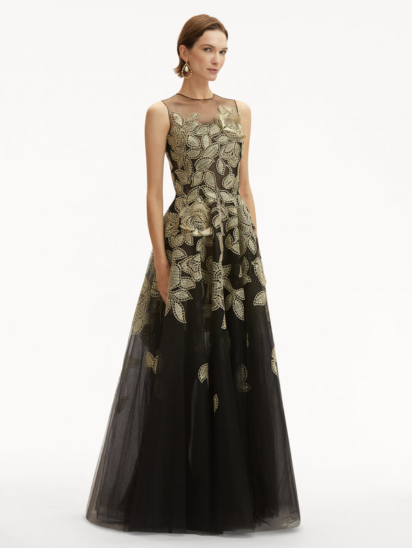 Oscar De La Renta Gold Foil Rose Appliqué Gown