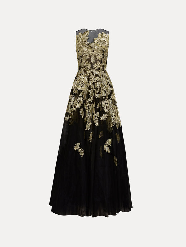 oscar de la renta Gold Foil Rose Appliqué Gown